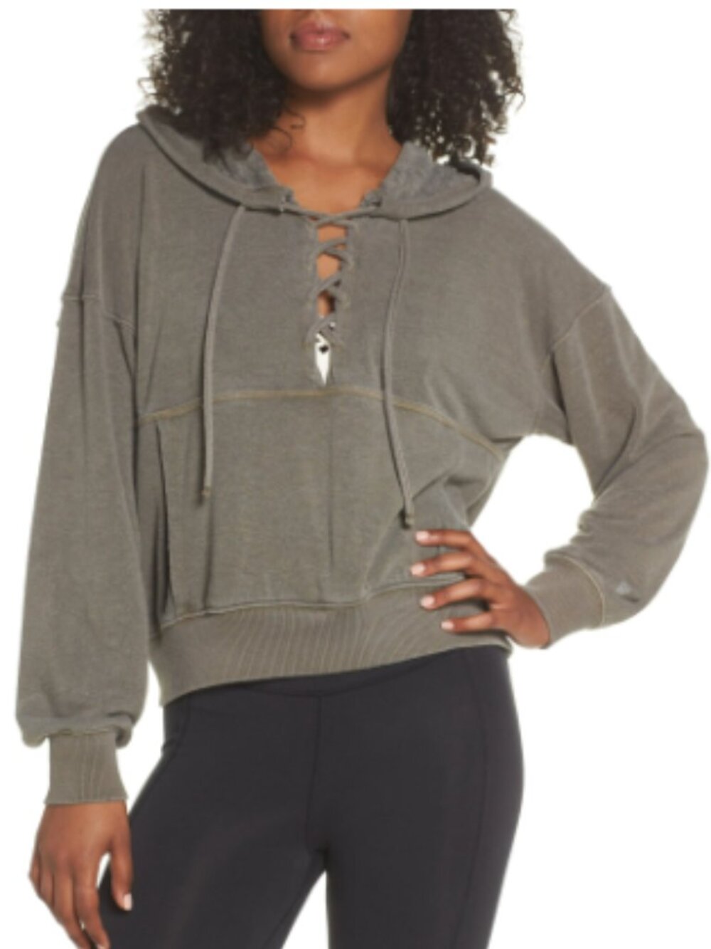Free People Movement (Army) Lace Up Neckline Hoodie Women's Sweatshirt -NWT
